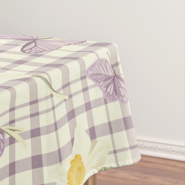 Easter Purple Butterfly Daffodil Plaid Pattern Tablecloth (In Situ)