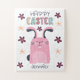 Easter puzzle with pink bunny and flowers for kids