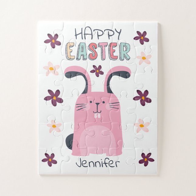 Easter puzzle with pink bunny and flowers for kids (Vertical)