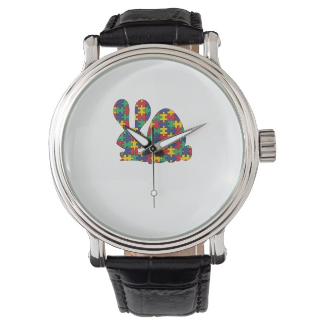 Easter Rabbit Autism Awareness Puzzle Piece Autist Watch (Front)