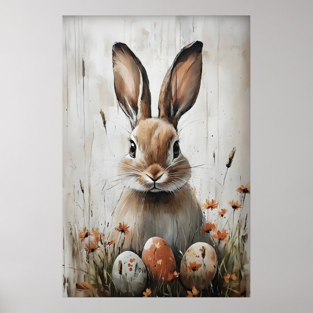 Easter Rabbit Bunny In Flower Print, Rustic Easter Poster (Front)