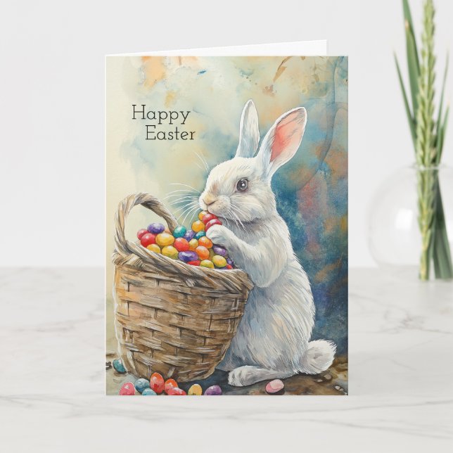 Easter rabbit eats jelly beans watercolor card (Front)