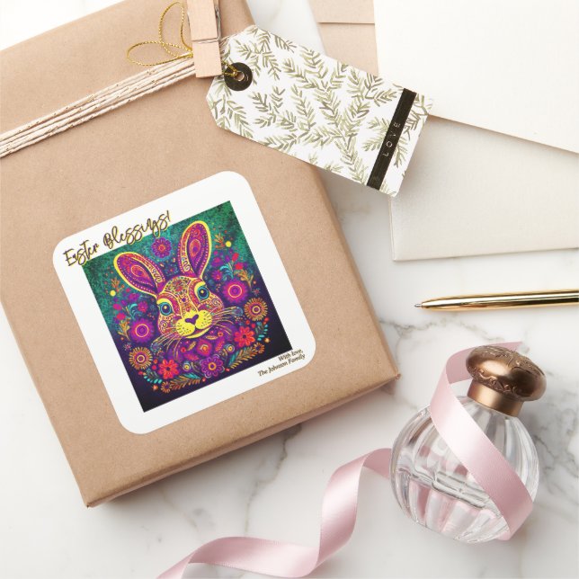 Easter Rabbit - Folk Art - Personalizable Easter Square Sticker (Gifting)
