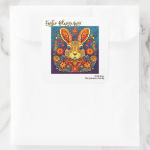 Easter Rabbit - Folk Art - Personalizable Easter Square Sticker