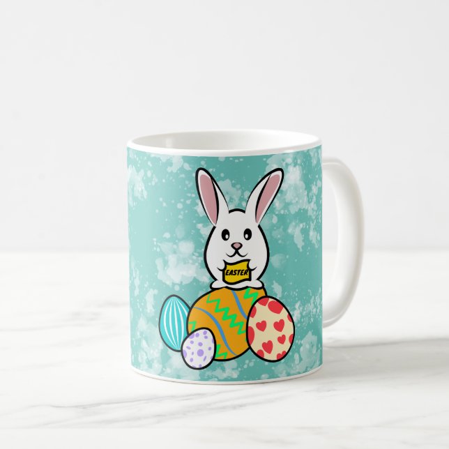 Easter Rabbit Holding a Banner on Easter Eggs Coffee Mug (Front Right)