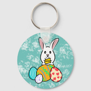 Easter Rabbit Holding a Banner on Easter Eggs Key Ring