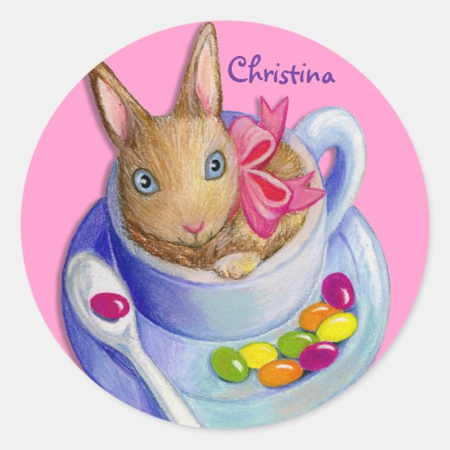 Easter Rabbit in Tea Cup Customisable Name Classic Round Sticker (Front)
