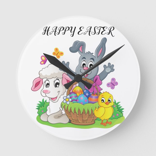 Easter rabbit, lamb & chick Acrylic clock. Round Clock (Front)