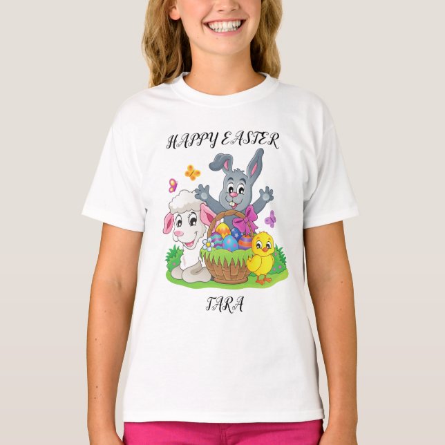 Easter rabbit, lamb & chick puzzle girl's t-shirt. T-Shirt (Front)