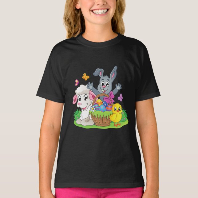 Easter rabbit, lamb & chick puzzle girl's t-shirt. T-Shirt (Front)