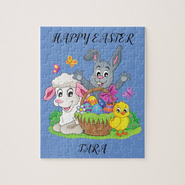Easter rabbit, lamb & chick puzzle personalised. (Vertical)