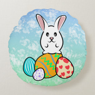 Easter Rabbit on Easter Eggs Round Cushion