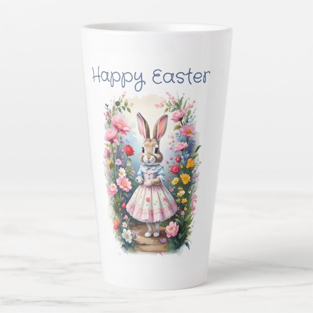 Easter rabbit with flowers Happy Easter Latte Mug (Front)