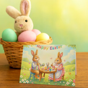 Easter Rabbits Colouring Eggs Family Holiday Card