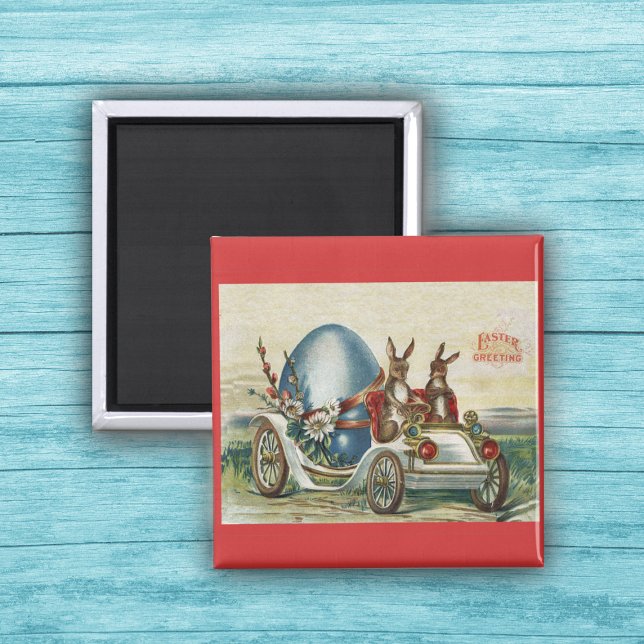 Easter Rabbits in Antique Car Big Blue Egg Magnet (Vintage rabbits riding in white car with big blue Easter Egg on red magnet.)