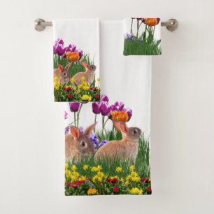 Easter Rabbits in Flower Garden Collage Bath Towel Set