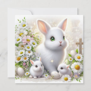 Easter Rabbits with Gold Cross and Spring Flowers Card