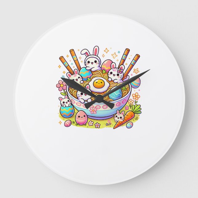 Easter Ramen Cats Cute Anime Happy Easter Day Wome Large Clock (Front)