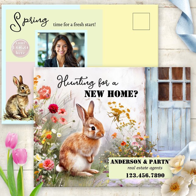 Easter Real Estate Business  Holiday Postcard (Artistic real estate Easter postcard featuring a watercolor bunny at the door of a new home)