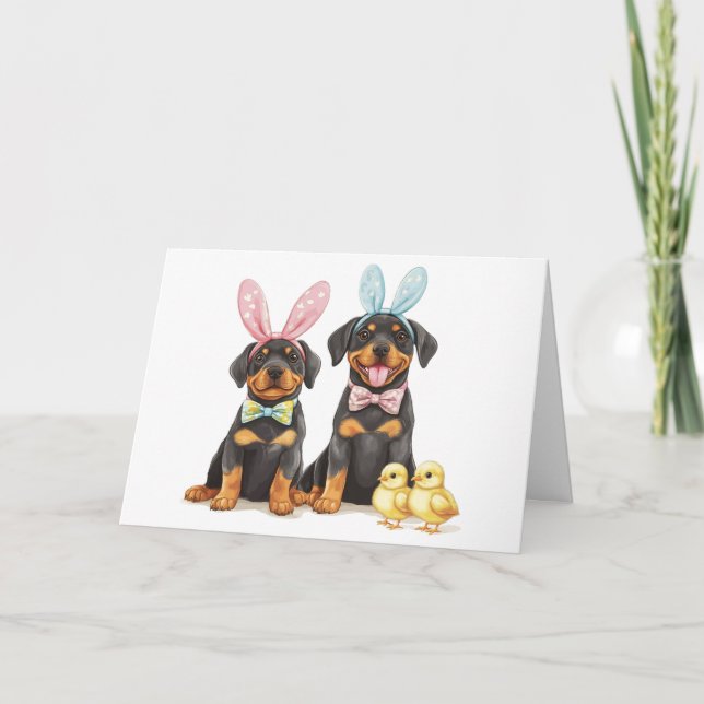 Easter Rottweiler Dogs Bunny Ears Holiday Card (Front)