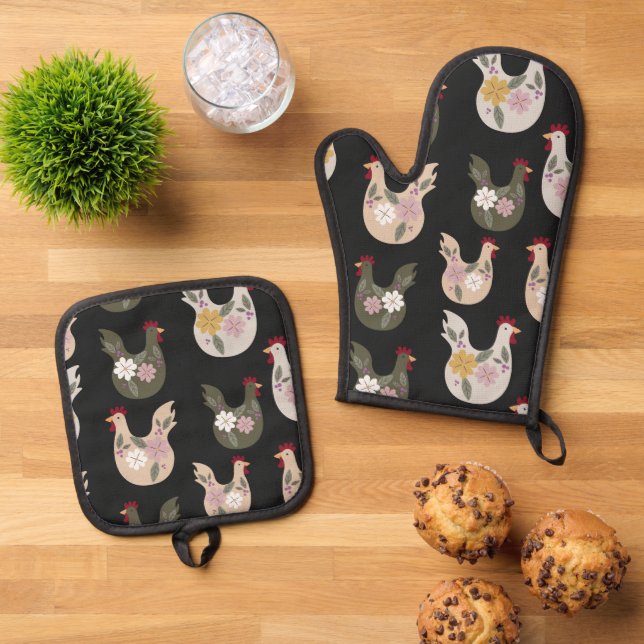 Easter seamless pattern with chicken. oven mitt & pot holder set (Top Down)