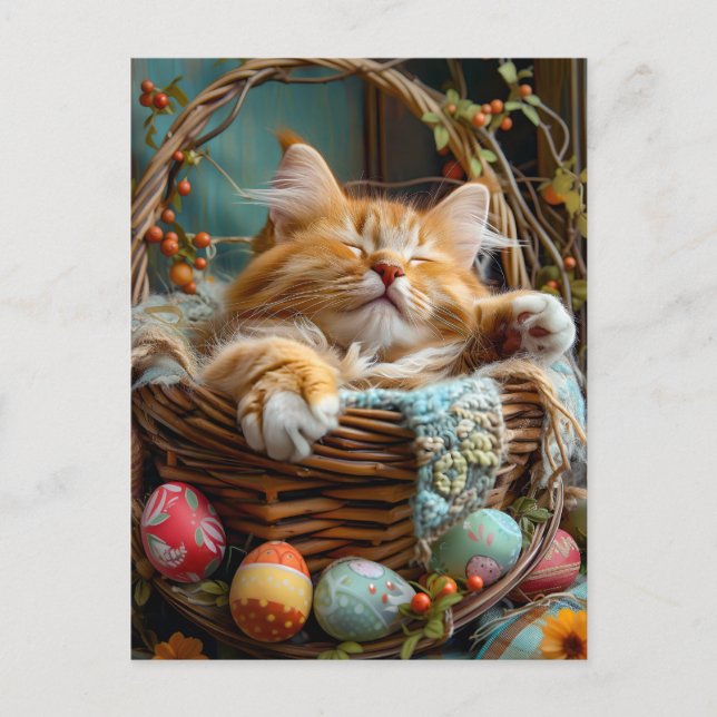 Easter Season Cute Cat Sleeping in Wicker Basket Postcard (Front)