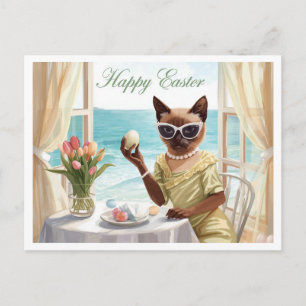 Easter Siamese cat with eggs in house by seaside Holiday Postcard