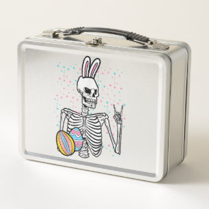 Easter Skeleton Bunny Rock Hand Rocker Boys Kids M Metal Lunch Box