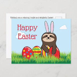 Easter Sloth w Bunny Ears & Eggs Happy Easter Holiday Postcard