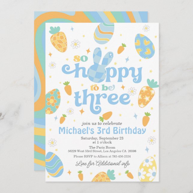 Easter So Hoppy to Be Three Boy Birthday Invitation (Front/Back)