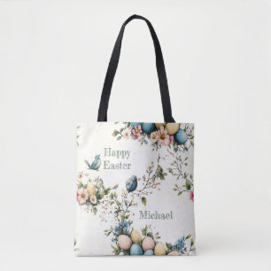 Easter Spring Birds Pastel Eggs Watercolor Floral Tote Bag