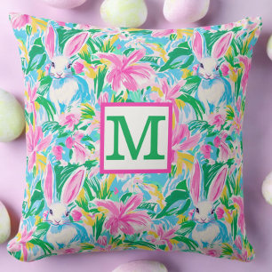 Easter Spring Bunnies Flowers Preppy Monogram Cushion