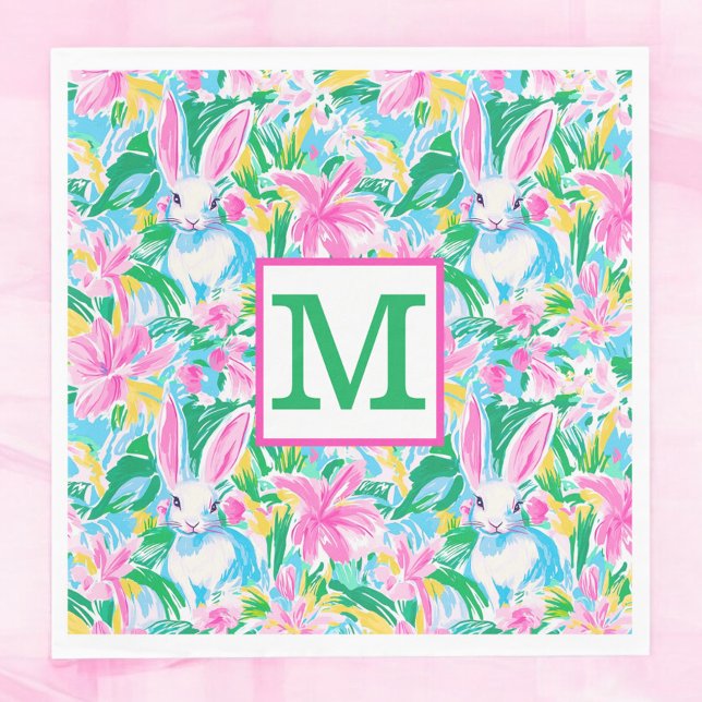 Easter Spring Bunnies Flowers Preppy Monogram Napkin (Creator Uploaded)