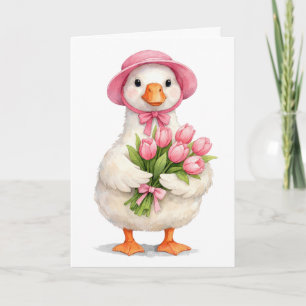 Easter Spring Goose with Pink Tulips Card