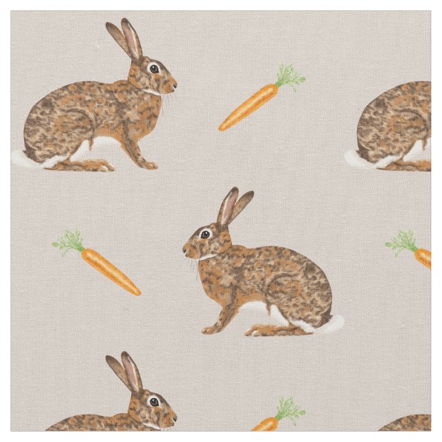 Easter Spring Hare Bunnies And Carrots On Beige Fabric (Close Up)