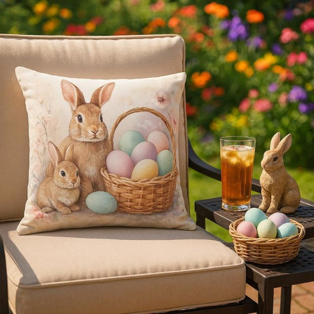 Easter / Spring  Rabbit & Coloured Eggs  Cushion (Outdoor living space decor...Easter throw pillow with Rabbit and Eggs.  Mockup )