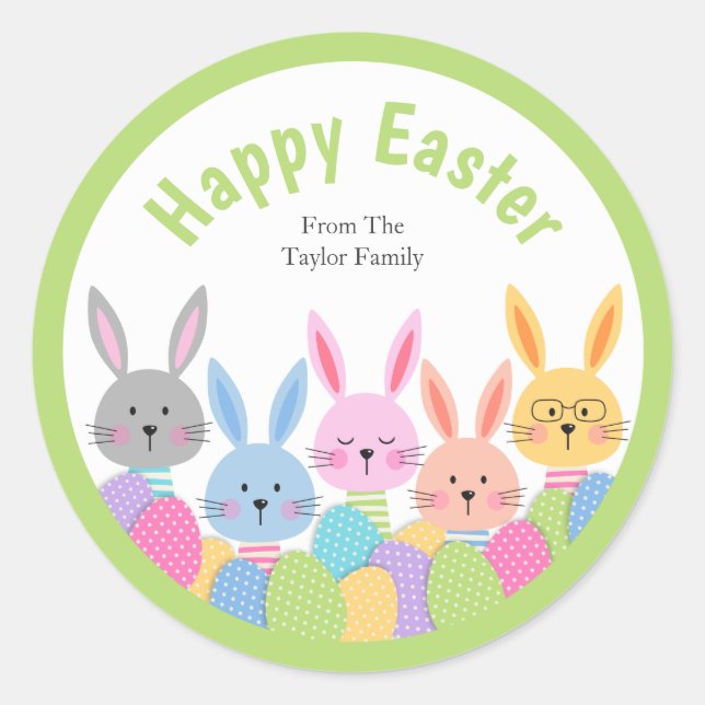 Easter Sticker group of bunnies with eggs in green (Front)