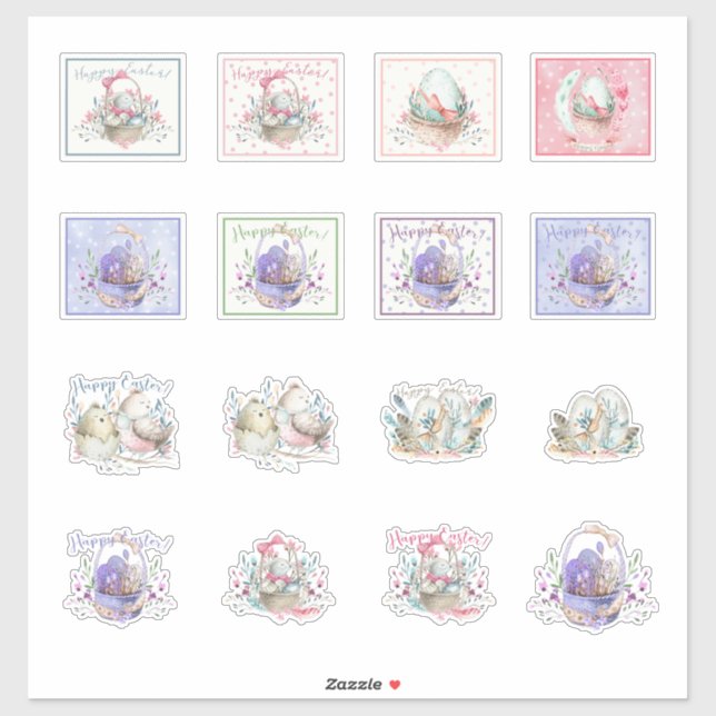 Easter Stickers Bunnies and Baskets Cute  (Sheet)