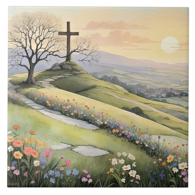 Easter sunrise art illustration ceramic tile (Front)
