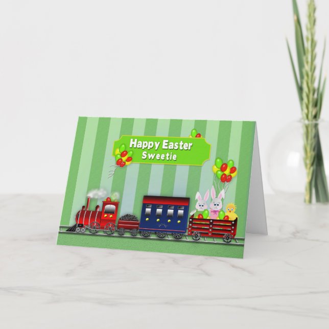 Easter - Sweetie - Train/Bunnies/Balloons Holiday Card (Front)