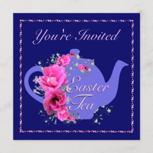 Easter Tea Invitations Teapot and Pink Flowers