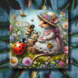 Easter Tea Party Cute Mouse Bees Ladybugs Holiday Card