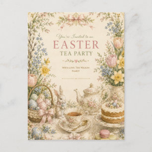 Easter Tea Party , Vintage Floral Celebration Holiday Postcard