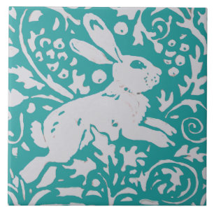 Easter Teal Blue Rabbit Bunny Floral Nature Animal Ceramic Tile