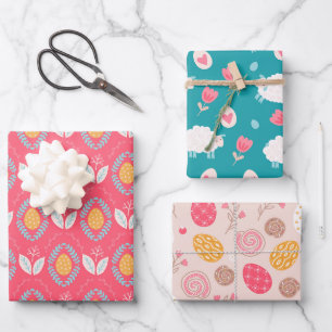 Easter Themed Pattern Sheep Eggs And Flowers Wrapping Paper Sheet