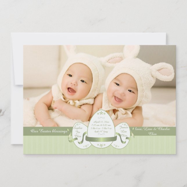 Easter Three Green Photo Birth Announcement (Front)