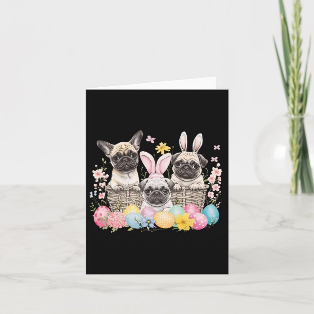 Easter Three Pug Cute Easter Bunny Ears Art  Card (Front)