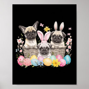 Easter Three Pug Cute Easter Bunny Ears Art  Poster