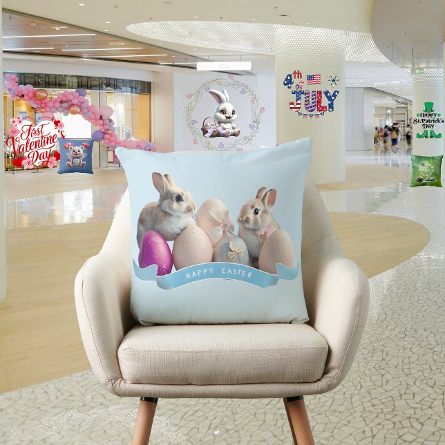 Easter Throw Pillow Two Rabbits & Easter Eggs (Creator Uploaded)