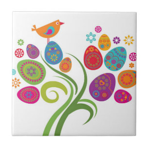 Easter tree with coloured eggs and flowers ceramic tile